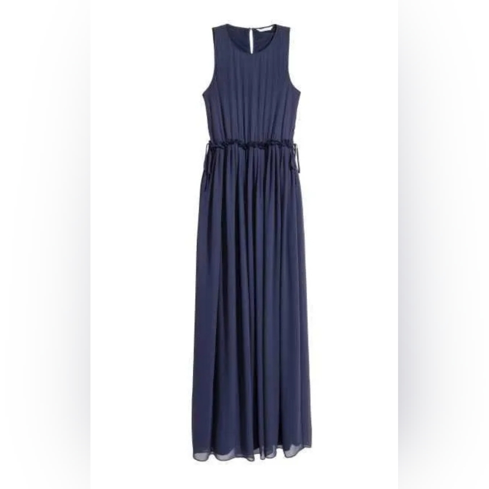 H&M Navy Blue Chiffon Pleated Ruffled Chiffon Long Prom Formal Dress sz 10
